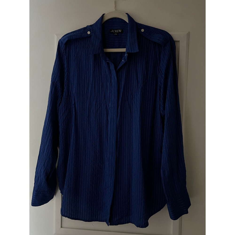 J.Crew Womens 2X Blue Pinstripe Epaulette Button Down Viscose Blouse Shirt